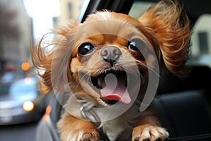 Joyful dog enjoying car ride, head out window, feeling wind on face, wagging tail