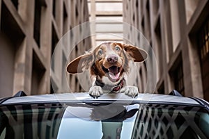Joyful Dog Enjoying Car Ride with Tongue Out and Ears Flapping in Sunroof - Candid Lifestyle Photo