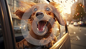Joyful dog with head out of car window, enjoying high speed ride with motion blurred background