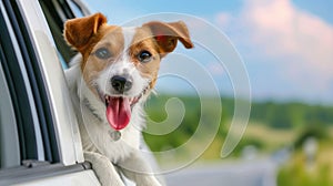 A joyful dog with its head out of the car window, basking in the exhilarating freedom and excitement of the ride, Ai Generated