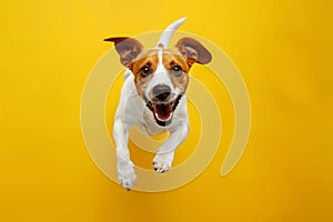 Joyful Dog Jumping Against Yellow Background