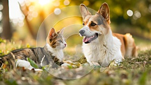 Joyful Dog and Kitten Enjoying a Peaceful Moment Together Outdoors.