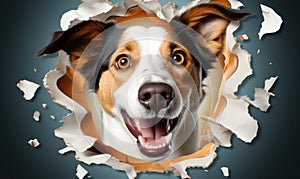 Joyful dog playfully poking head through ripped paper, smiling canine face with tongue out, funny and cute pet surprise concept