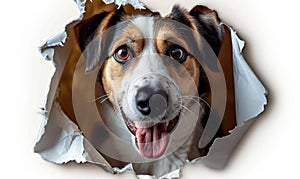 Joyful dog playfully poking head through ripped paper, smiling canine face with tongue out, funny and cute pet surprise concept