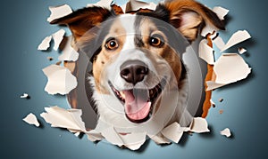 Joyful dog playfully poking head through ripped paper, smiling canine face with tongue out, funny and cute pet surprise concept