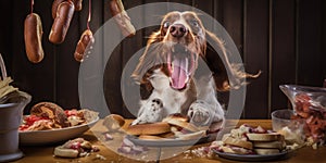 Joyful dog savors a tasty treat of hot dogs. AI generative photo