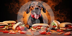 Joyful dog savors a tasty treat of hot dogs. AI generative photo