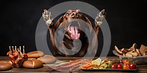 Joyful dog savors a tasty treat of hot dogs. AI generative photo