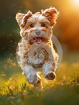 Joyful dog sprinting towards camera in sunset bliss photo