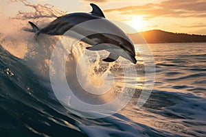 Joyful Dolphins Leaping Out of Water, Creating Cascading Fountains in Playful Ocean Waves