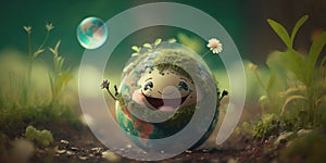 Joyful Earth character laughting on green background, Happy Earth day, World laughter day. Generative ai