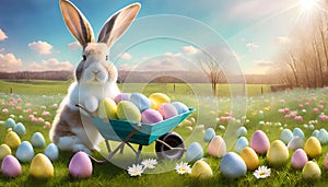 Joyful Easter Bunny in Sunny Meadow: Cart Full of Easter Eggs