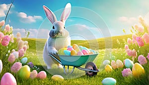 Joyful Easter Bunny in Sunny Meadow: Cart Full of Easter Eggs