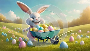 Joyful Easter Bunny in Sunny Meadow: Cart Full of Easter Eggs