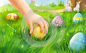Joyful Easter Egg Hunt in Colorful Garden. A child& x27;s hand picks up a Easter Eggs in the garden.