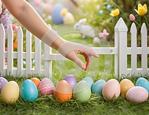 Joyful Easter Egg Hunt in Colorful Garden. A child& x27;s hand picks up a Easter Eggs in the garden.