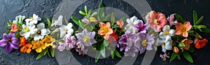 Joyful Easter Still Life: Colorful Flower Blossom Bouquet on Dark Blackboard Background with Greeting Script for Spring Season