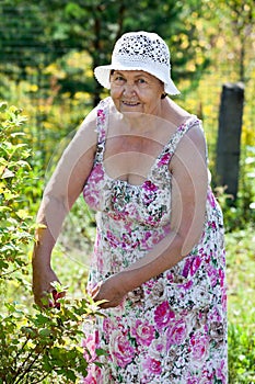 Joyful elderly woman gardening, looking at camera