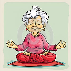 A joyful elderly woman practicing meditation on a mat, representing peace and mindfulness in her golden years.