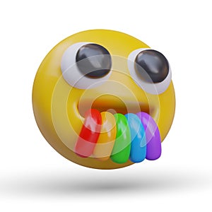 Joyful emoticon with mouth full of rainbows. Character shares funny stories