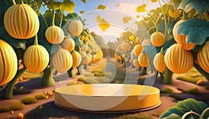 Joyful Empty podium for product presentation and Snap melon tree background