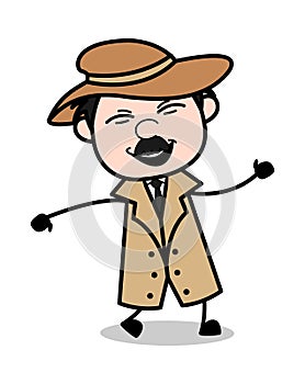 Joyful Expression - Retro Cartoon Police Agent Detective Vector Illustration