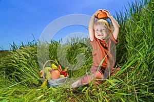 joyful fair-haired child of European appearance holds an orange, basket with fruits on green grass