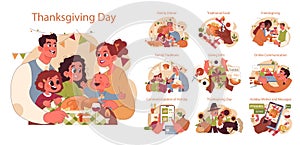 Joyful family celebrating Thanksgiving set. American holiday dining