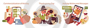 Joyful family celebrating Thanksgiving set. American holiday dining and gathering