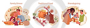 Joyful family celebrating Thanksgiving set. American holiday dining and gathering