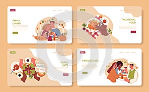 Joyful family celebrating Thanksgiving web banner or landing page set.