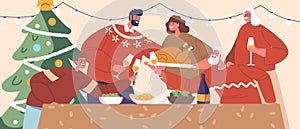 Joyful Family Characters Gathers Around Festively Decorated Christmas Table, Sharing Laughter And Love, Clinking Glasses