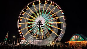 Joyful family enjoys carnival bright spinning wheel generated by AI