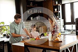 Joyful Family Prepares Breakfast Together in a Sunlit Modern Kitchen