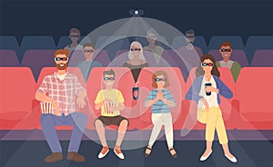 Joyful family sitting in stereoscopic movie theater or cinema hall. Mother, father and their children in 3d glasses