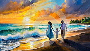 Joyful father, mother, baby son walk with fun along edge of sunset sea surf on digital art concept