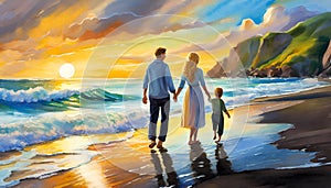 Joyful father, mother, baby son walk with fun along edge of sunset sea surf on digital art concept