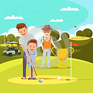 Joyful Father Teaching Little Boy to Play Golf
