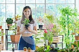 Joyful female entrepreneur florist plant seller holding a croton foliage plant pot in a floral shop