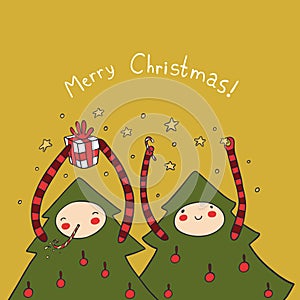 Joyful fir trees wishing Merry Christmas flat vector image