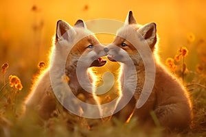 Joyful Fox Kits Tussling Amidst the Gold.