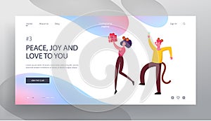 Joyful Friends or Colleagues Celebrating New Year 2020 Website Landing Page. Happy Business Man and Woman