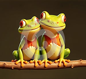 Joyful frogs exuding love and warmth. A charming toad couple, rendered in a 3D animated cartoon character style, spreading cheer