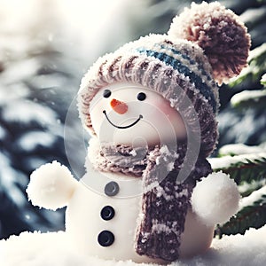 Joyful frosty friend: Closeup of a cute, funny snowman laughing, adorned with a wool hat and scarf