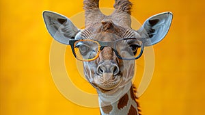 A joyful giraffe with colorful glasses, adding a playful touch to its long neck and endearing pers