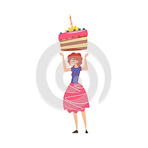 Joyful Girl with Big Piece of Cake, Happy Person with Holiday Symbol, Happy Birthday Concept Cartoon Style Vector