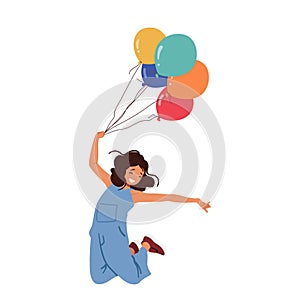 Joyful Girl Character Soars With Colorful Balloons, Floating Through The Sky With Wide-eyed Wonder And Pure Excitement