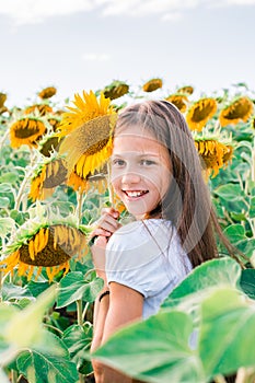 Joyful girl hugs a sunflower in a field in the sun. Local tourism and freedom