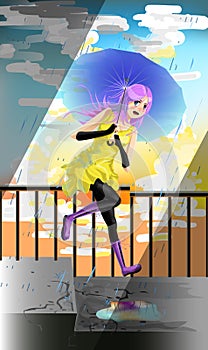 Joyful girl jumping on the stairs in the rain vector.