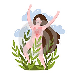 The joyful girl jumps in a grass. Free love concept. Cute design for t-shirt or greeting card. Vector illustration